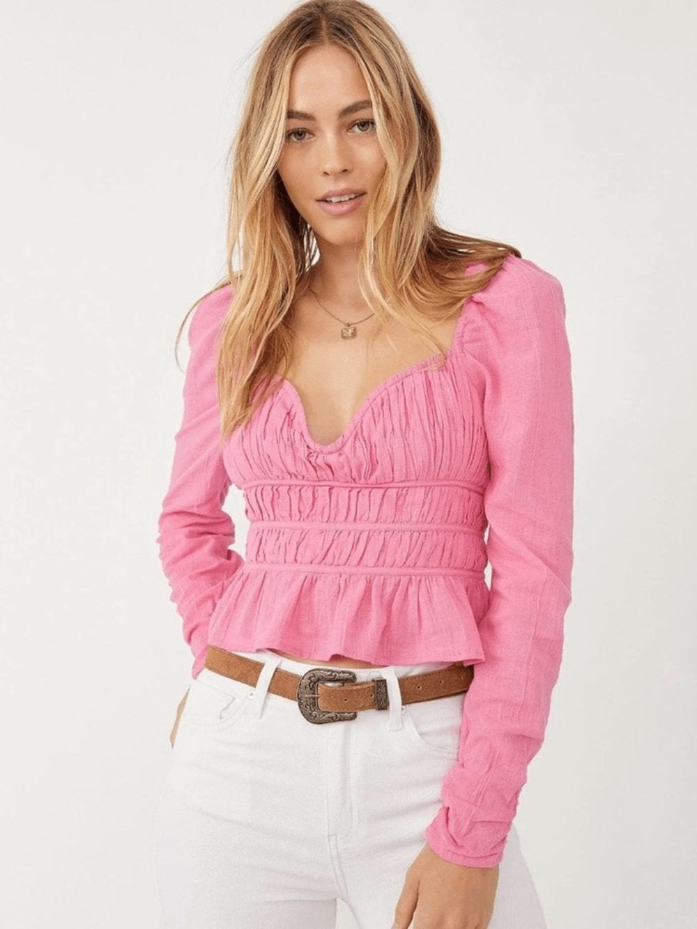 Pink Ruched Long-Sleeve Peplum Top - Women